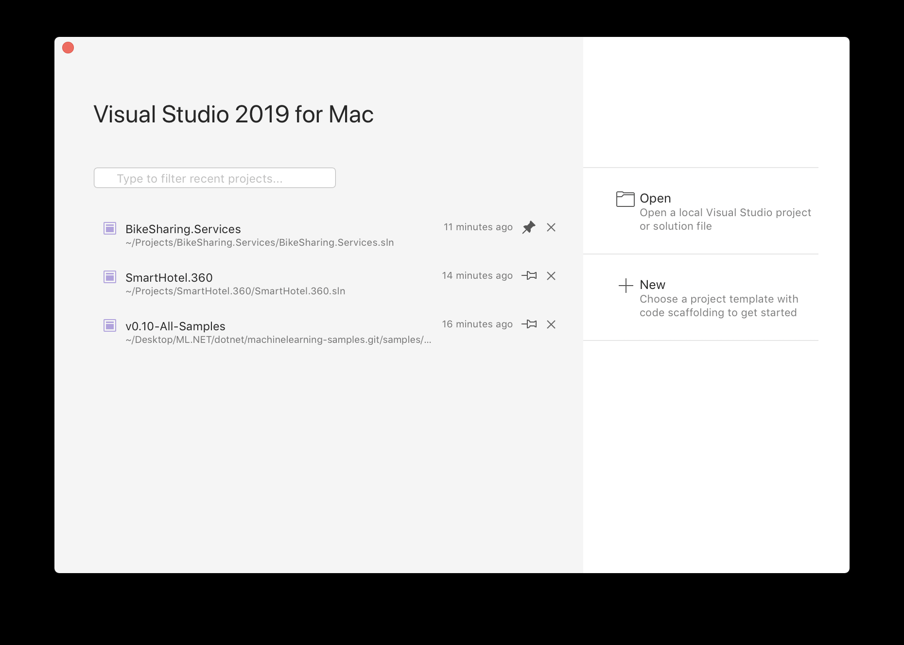▲Visual Studio 2019 for Mac 新的启动窗口